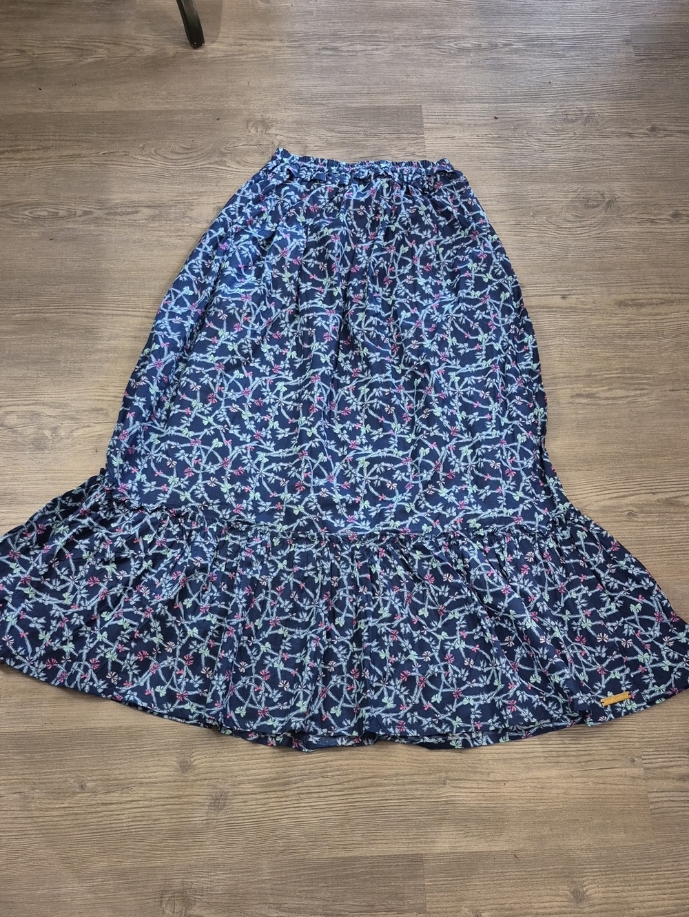Simply Southern Ophelia Navy Tiered Maxi Skirt with Pink & Green Accents. NWT
